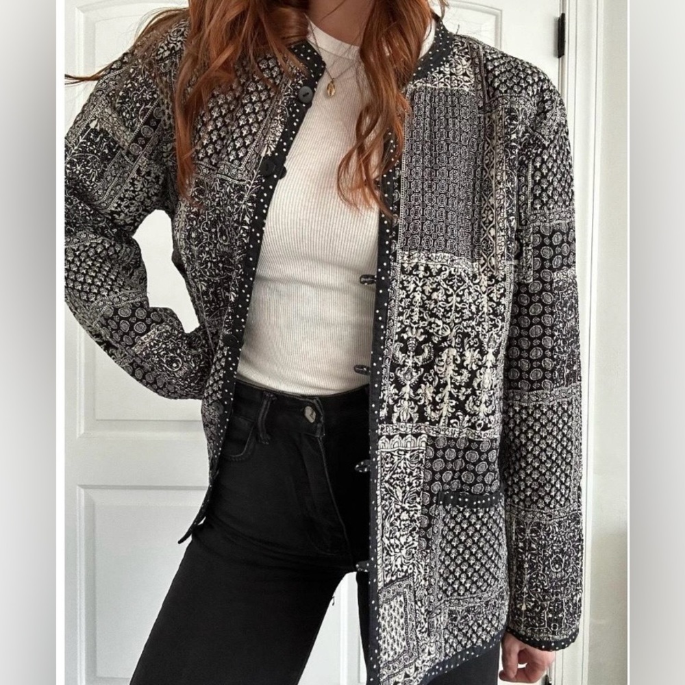 Black and white multi print reversible quilted jacket
